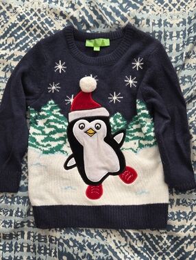 Navy Penguin Holiday Sweater with Red Accents